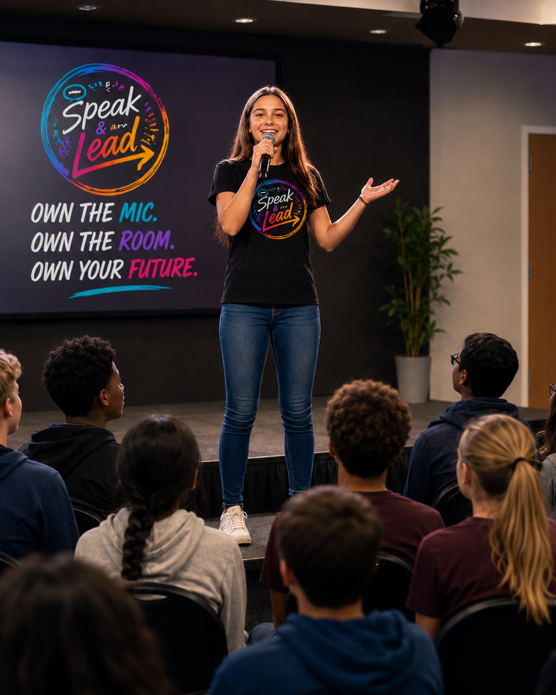 Young girl speaking on stage at a Speak & Lead™ event — Own the Mic. Own the Room. Own Your Future.